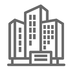 a dark grey graphic image of three buildings representing the employers/companies GradLeaders serves