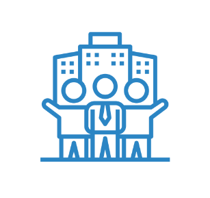 a light blue graphic image of three non descript people standing in front of buildings depicting that GradLeaders serves workforce development organizations
